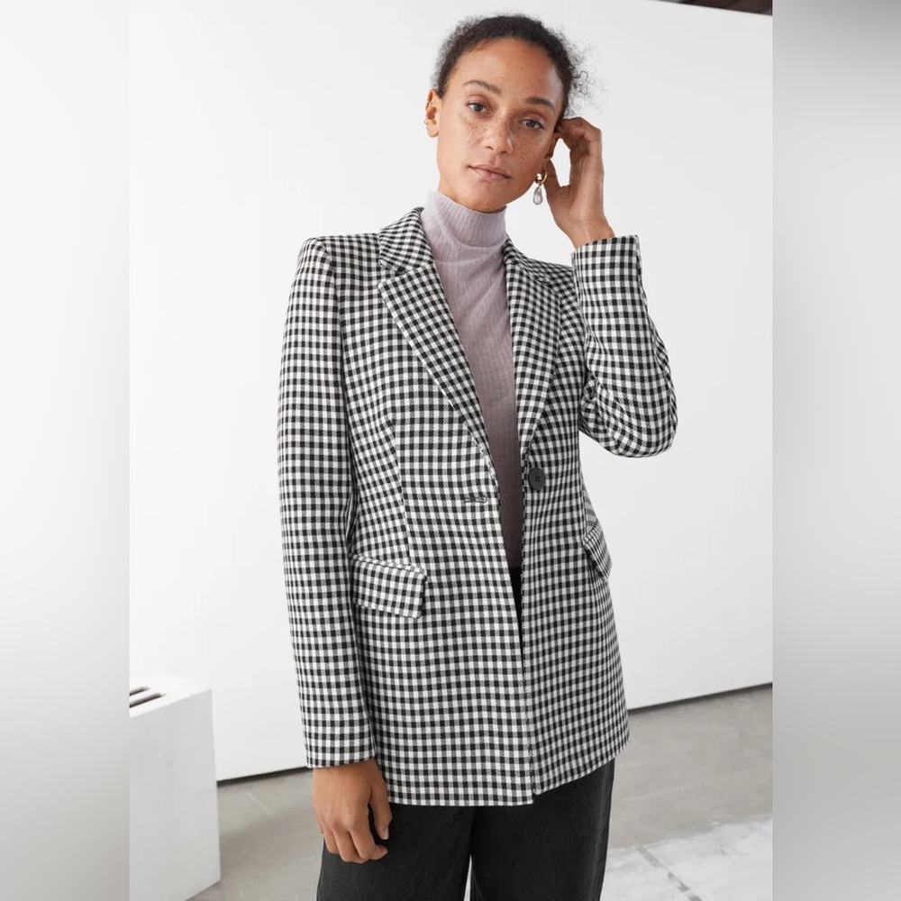& OTHER STORIES Single-Breasted Fitted Mid-Length Tailored Gingham Blazer (US 2)